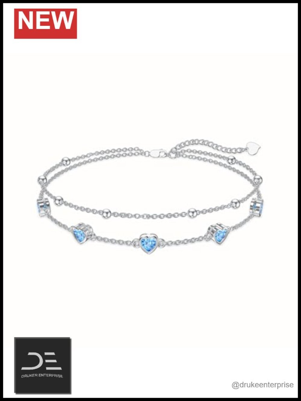 925 Sterling Silver Heart Birthstone Charm Anklet Adjustable Double Layer